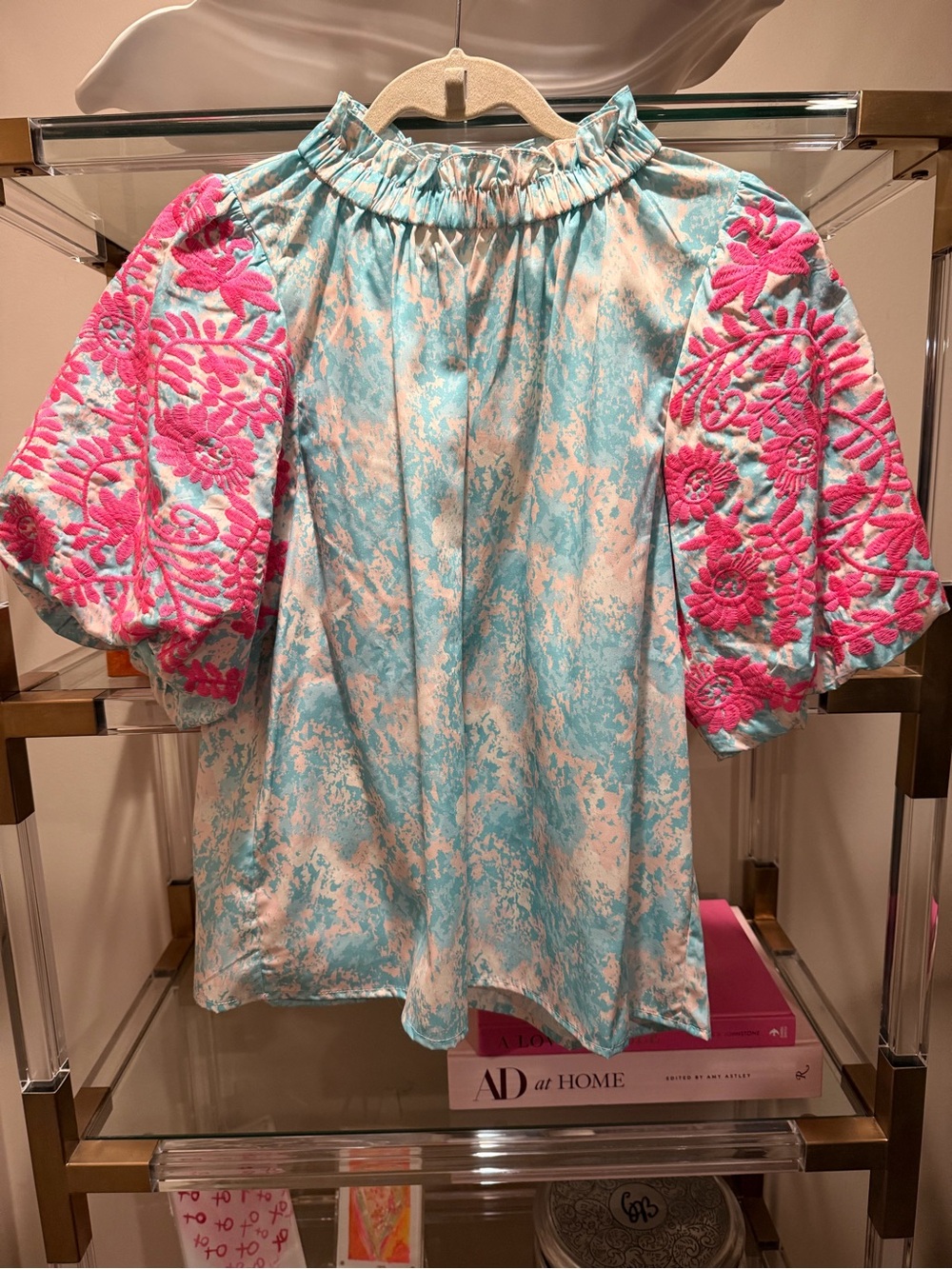Avara Embroidered Puff Sleeve Blouse in Turquoise & Hot Pink - Picture 4 of 8